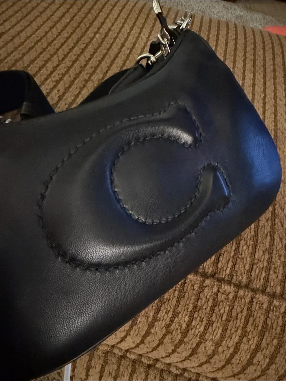 Coach Black Leather Shoulder Bag with Silver Chain
